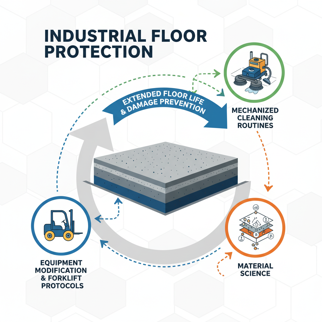 Infographic illustrating a holistic blueprint for industrial floor protection, combining safe forklift protocols, mechanized cleaning routines, and advanced material science to prevent damage.