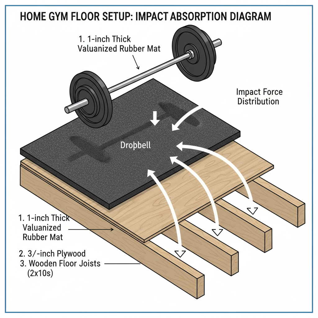 A detailed cutaway diagram showing a home gym floor setup. From the top, a heavy barbell is depicted mid-drop onto a thick, dark vulcanized rubber mat. This mat sits directly on a layer of 3/4-inch plywood. Below the plywood, several wooden floor joists are clearly visible, with arrows indicating how the impact force from the dropped barbell is effectively distributed across multiple joists, rather than concentrating on a single point. Style: technical illustration, slightly isometric view, with clear labels for each layer and force distribution arrows.