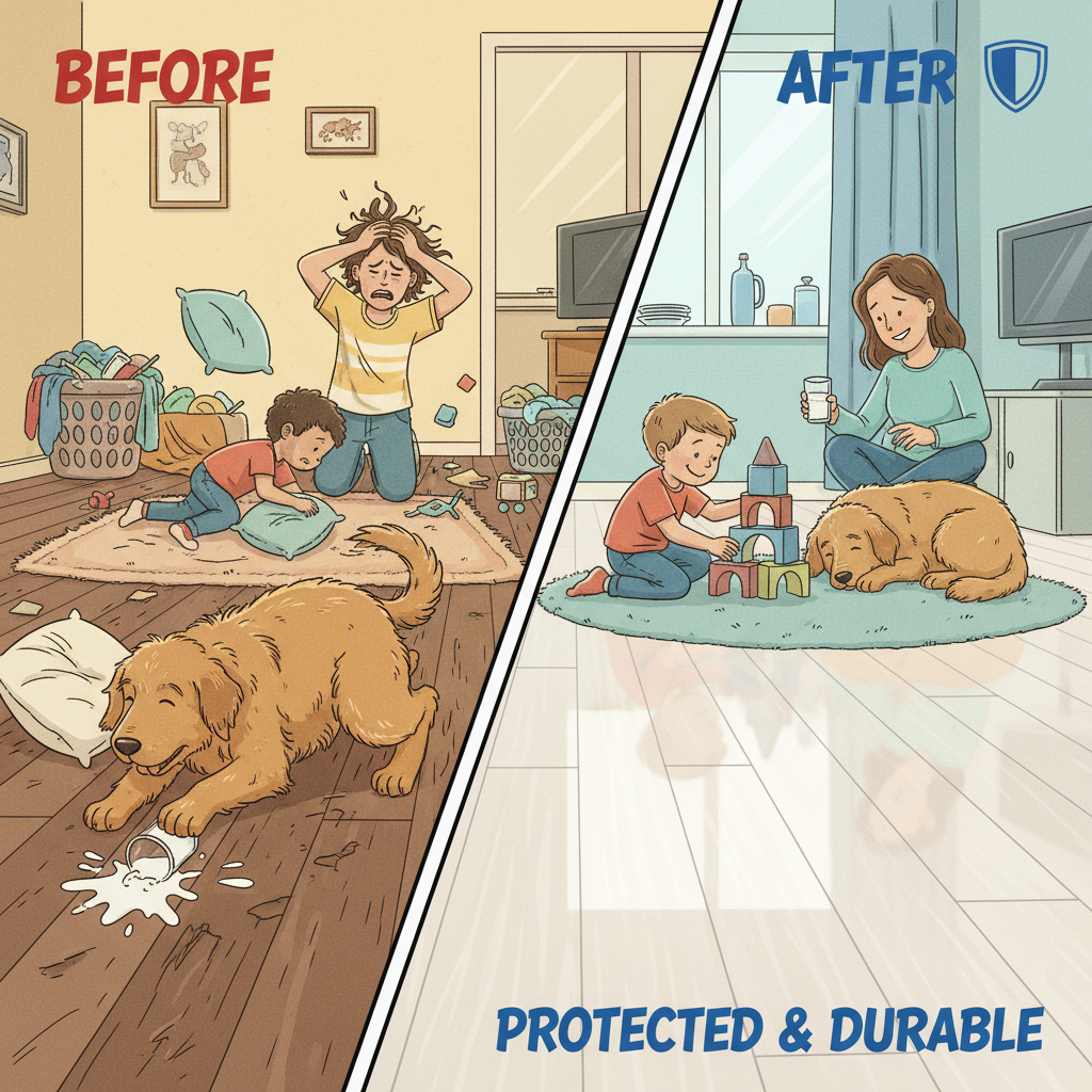 A dynamic, split-panel illustration. The left panel depicts a chaotic household scene: children playing roughly, a large dog skidding across a floor, and spilled liquid on a visibly scratched and dented floor surface. The mood is stressed and messy. The right panel shows the same household elements, but the floor is pristine, resilient, and untouched by the activity, symbolizing protection and durability. The mood is calm and secure.