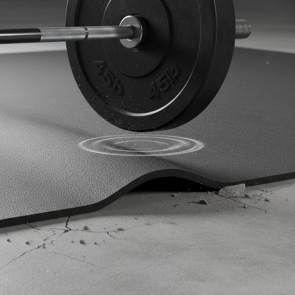 Close-up of a barbell dropping onto a thick vulcanized rubber gym mat, with a cross-section showing protected concrete below, illustrating impact absorption.