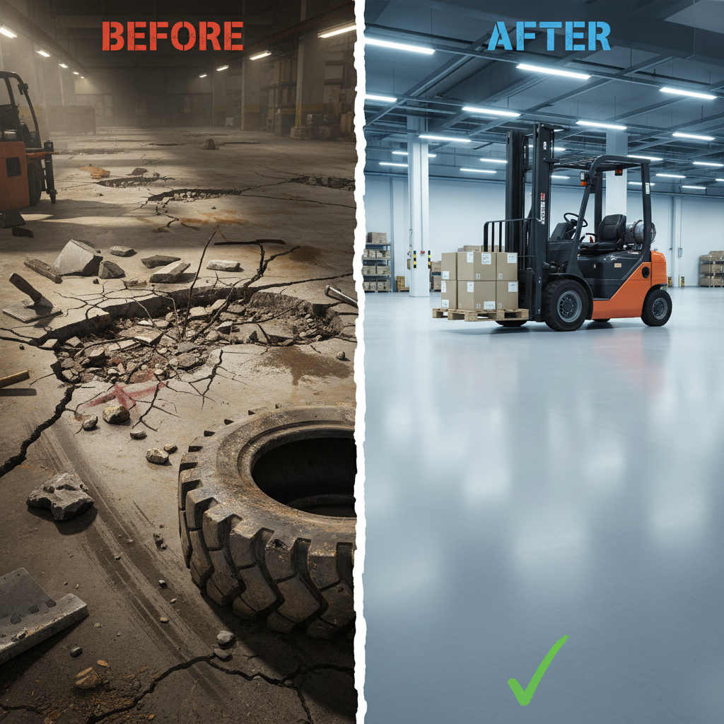 Split-panel illustration showing a heavily damaged industrial floor with deep gouges and worn forklift tire on the left, contrasted with a pristine, durable industrial floor and efficient forklift on the right, symbolizing degradation versus longevity.
