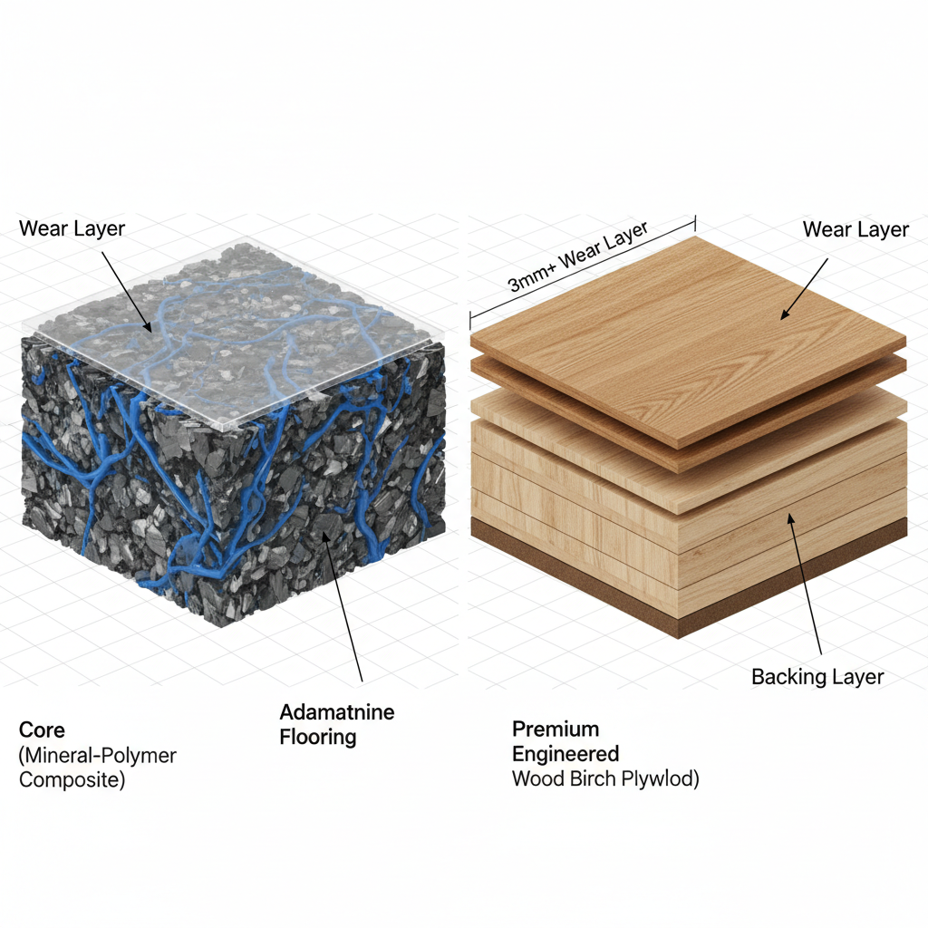 A detailed cross-section diagram comparing Adamantine flooring (mineral composite core) and Premium Engineered Wood flooring (real wood veneer over Baltic birch plywood core), showing layers and thickness.