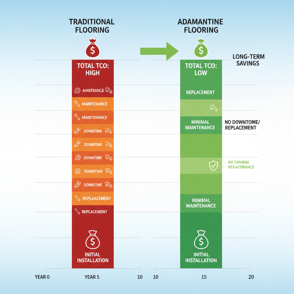 A clean, modern infographic-style comparison chart illustrating the Total Cost of Ownership (TCO). Two prominent vertical bars labeled 'Traditional Flooring' and 'Adamantine Flooring'. The 'Traditional' bar should show a lower initial cost but multiple recurring, smaller cost segments (maintenance, downtime, replacement) repeating frequently over a 20-year timeline, culminating in a higher overall TCO. The 'Adamantine' bar should show a higher initial installation cost but significantly fewer, smaller, or no recurring maintenance/downtime costs over the same 20-year period, resulting in a lower cumulative TCO. Use clear icons for costs (e.g., money bags, broken gears for downtime) and a timeline.