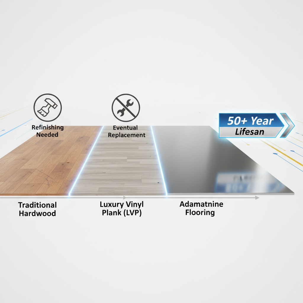A 3D render comparing the lifecycle of Traditional Hardwood (needing refinishing), Luxury Vinyl Plank (needing eventual replacement), and Adamantine Flooring (50+ year lifespan, pristine).