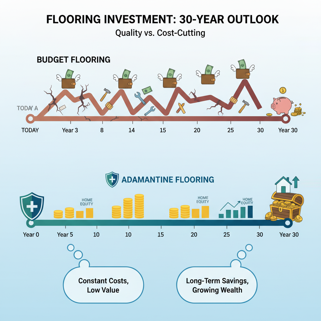Infographic showing two paths over 30 years: 'Budget Flooring' with frequent replacements and costs, versus 'Adamantine Flooring' with smooth savings and rising home equity.