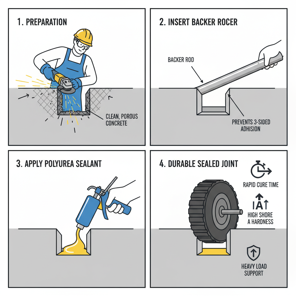 A sequential infographic showing proper industrial floor expansion joint preparation: grinding, inserting a backer rod, and expertly applying polyurea sealant for a durable, high Shore A hardness, rapid-cure joint.