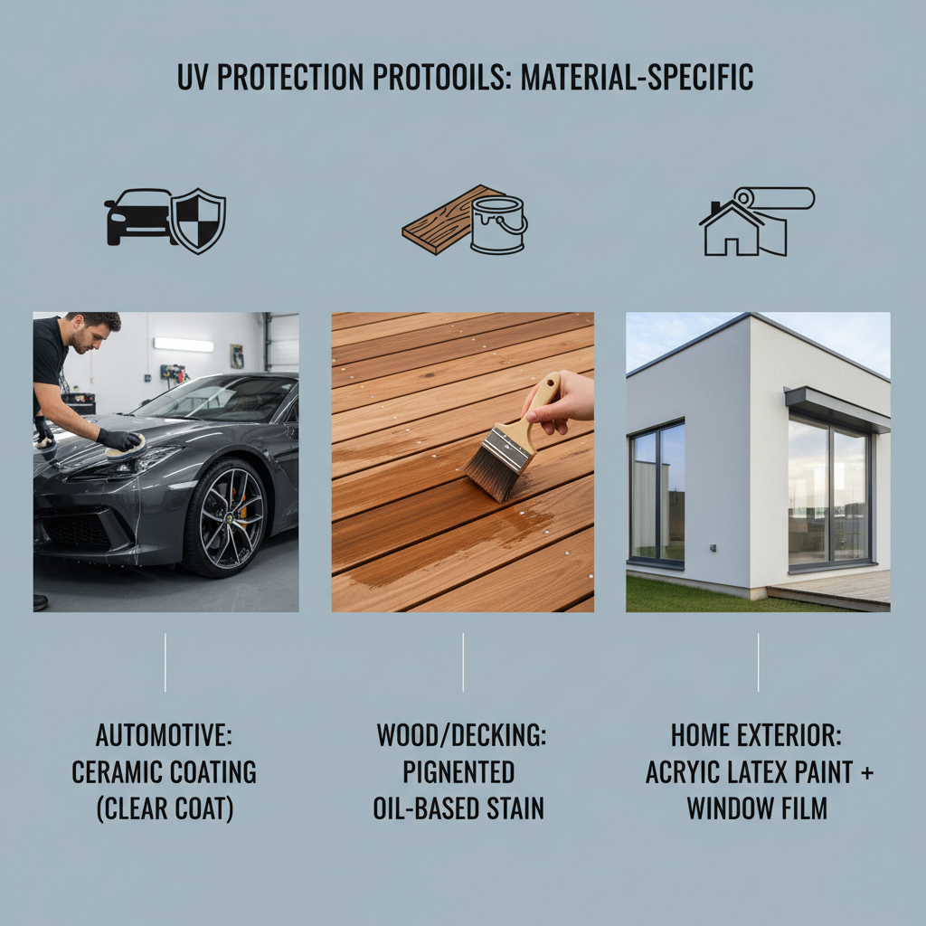 A clean, multi-panel infographic illustrating material-specific UV protection protocols. Panel 1: A sleek, dark-colored car being detailed, showing a professional applying a ceramic coating to its clear coat. Panel 2: A wooden deck with rich, warm tones, being stained with a pigmented oil-based stain. Panel 3: A modern house exterior with freshly painted 100% acrylic latex paint and subtle, transparent architectural window films on its windows. Each panel should have a small, clear icon representing the specific material (car, wood, house) and the recommended protection method.