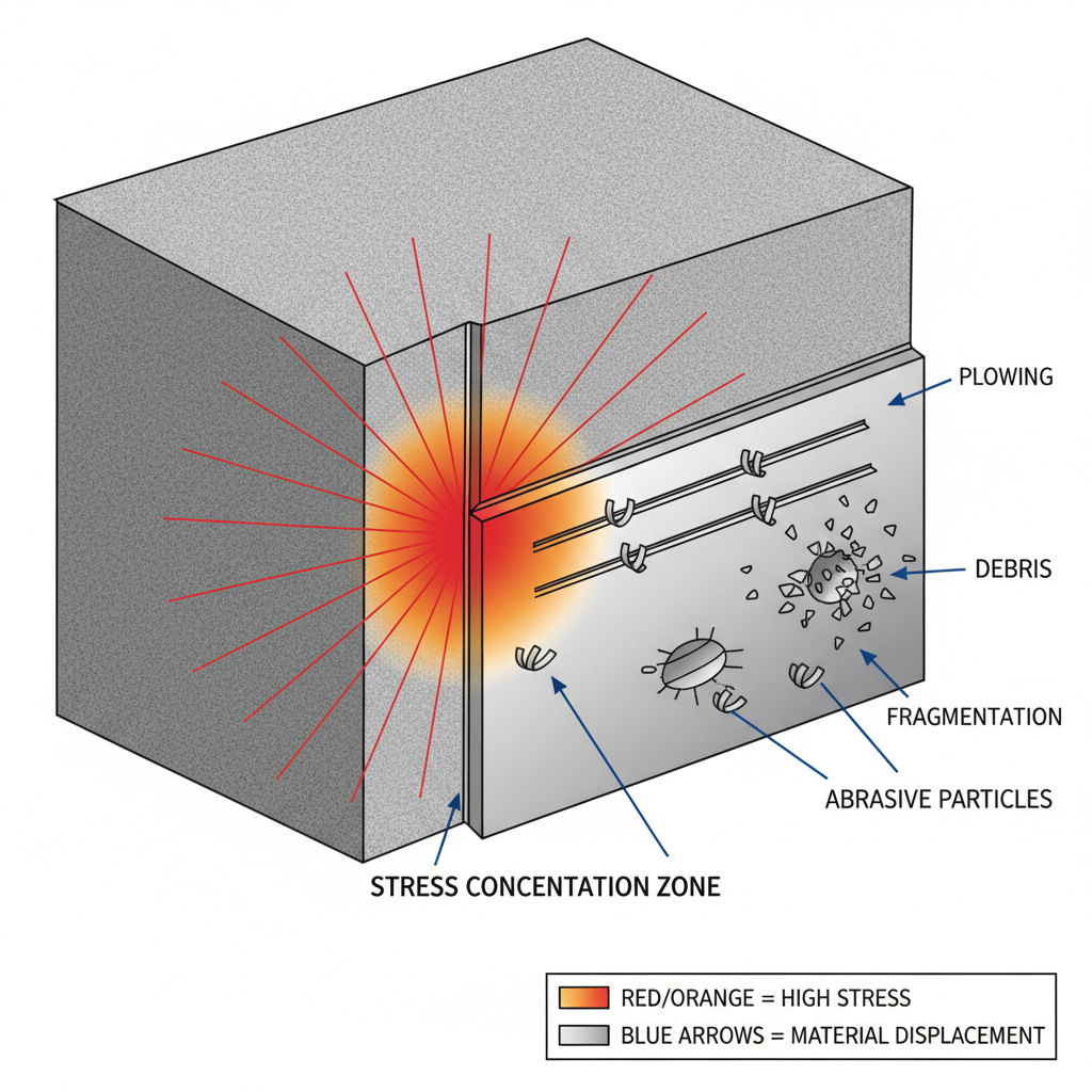 Technical illustration of stress concentrators (sharp corners) and microscopic abrasive wear (plowing, cutting) on a material surface.
