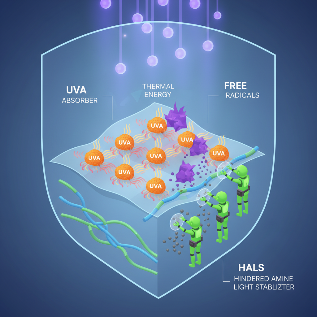 A vibrant, conceptual illustration depicting the molecular defense mechanism against UV rays. Show a stylized surface layer with incoming high-energy UV photons. UV Absorber (UVA) molecules are shown as small, sponge-like structures intercepting photons and dissipating their energy as harmless, low-level thermal heat (represented by faint heat waves). Hindered Amine Light Stabilizer (HALS) molecules are depicted as 'cleanup crew' figures, neutralizing 'free radicals' (represented as jagged, destructive particles) that have bypassed the UVAs and are attempting to break polymer bonds.