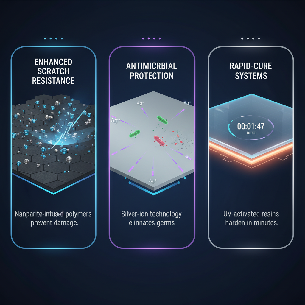A futuristic, clean infographic illustrating three advanced flooring technologies. Left section: a floor surface with tiny, glowing nanoparticles embedded, deflecting a scratch mark, symbolizing enhanced scratch resistance. Middle section: a floor surface with glowing silver ions actively neutralizing bacteria, representing antimicrobial properties. Right section: a section of floor rapidly curing with a digital timer counting down from a few hours, symbolizing rapid-cure systems. Style: minimalist, high-tech, clean lines, with subtle glowing effects.
