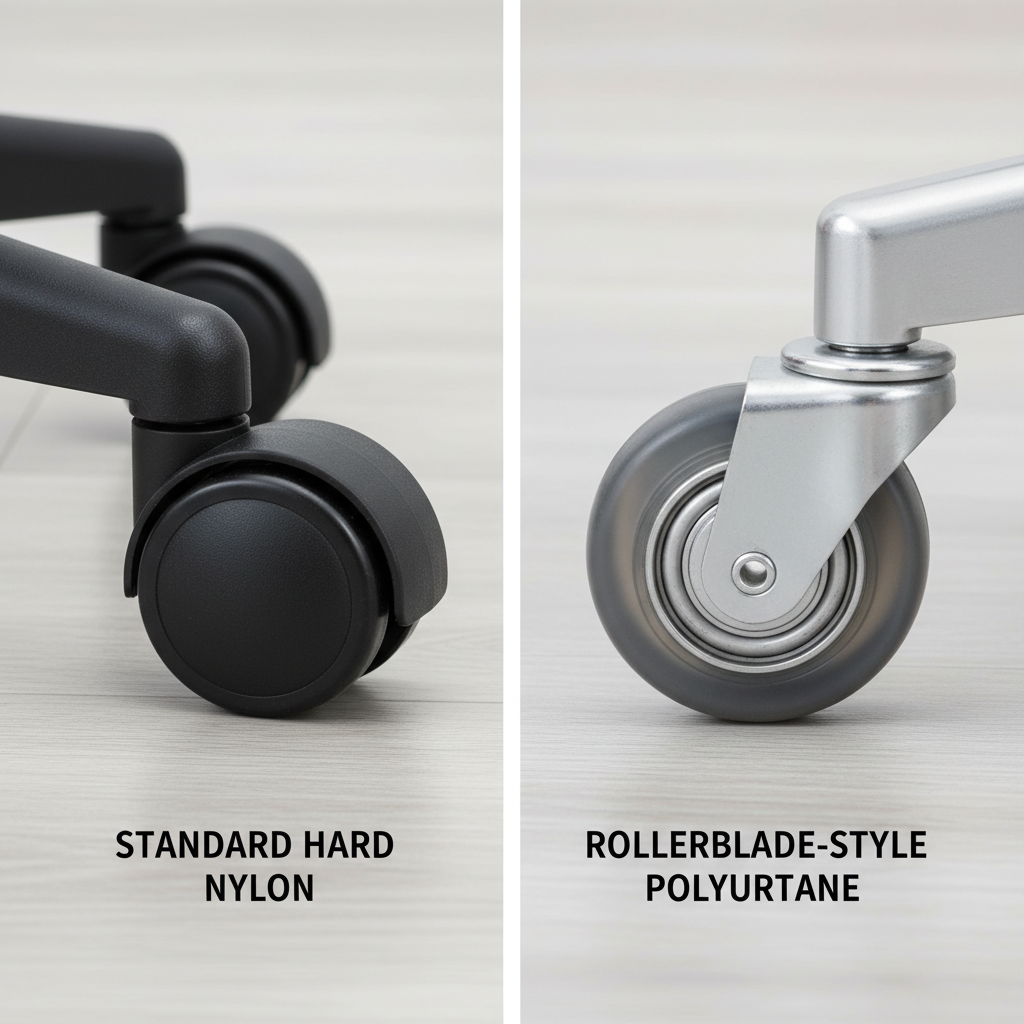 A side-by-side comparison of two office chair casters. On the left, a standard hard black nylon caster wheel, looking rigid and potentially abrasive. On the right, a 'rollerblade-style' polyurethane wheel, translucent, slightly softer-looking, with a smoother profile. Highlight the material difference clearly. The background should be a subtle office floor texture.