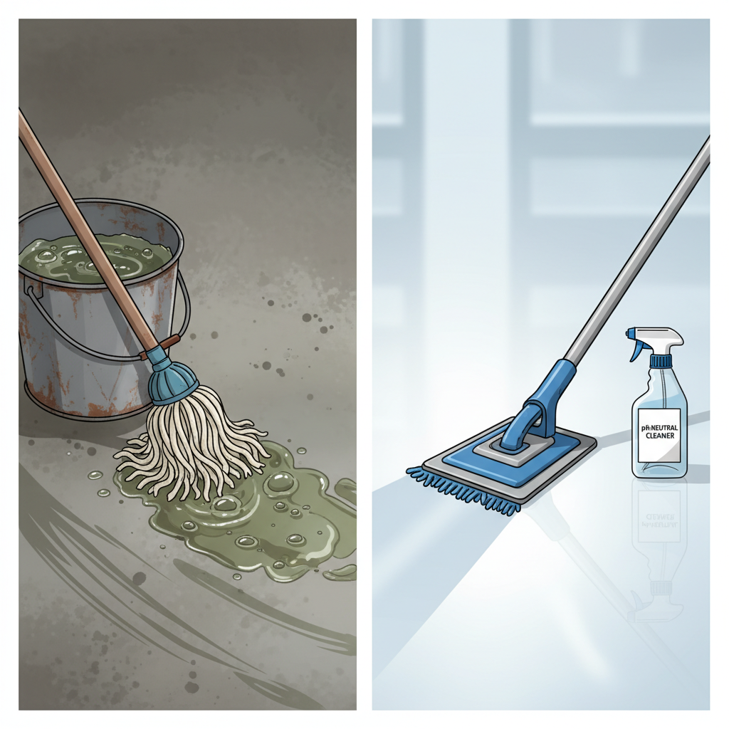 Old Habits vs. New Care: Adamantine Floor Transformation A split image showing a dull, cloudy adamantine floor on the left with a traditional string mop, and a gleaming, reflective floor on the right with a modern microfiber mop and pH-neutral cleaner.