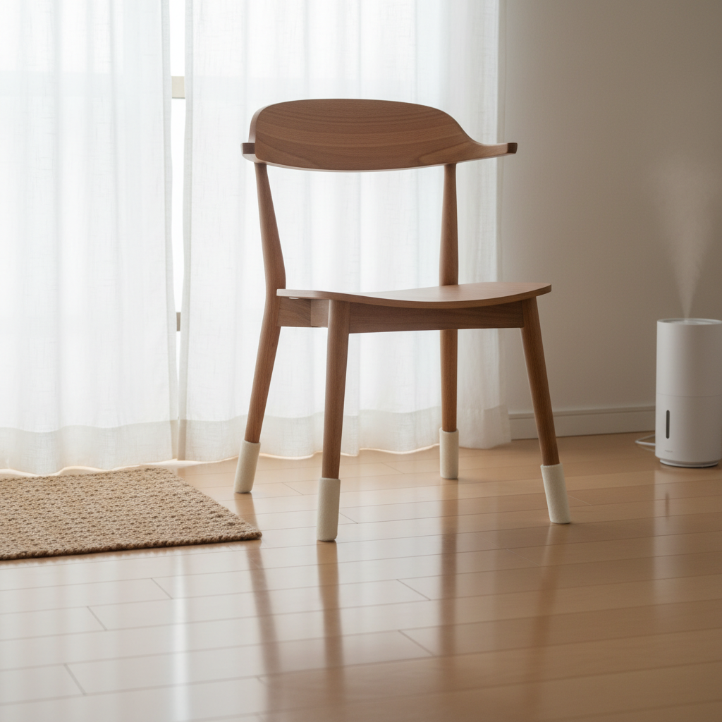 Passive Protection for Adamantine Flooring Longevity A serene home interior illustrating passive protection for Adamantine floors, featuring furniture with felt pads, sheer curtains, and a humidifier, ensuring long-term floor longevity.