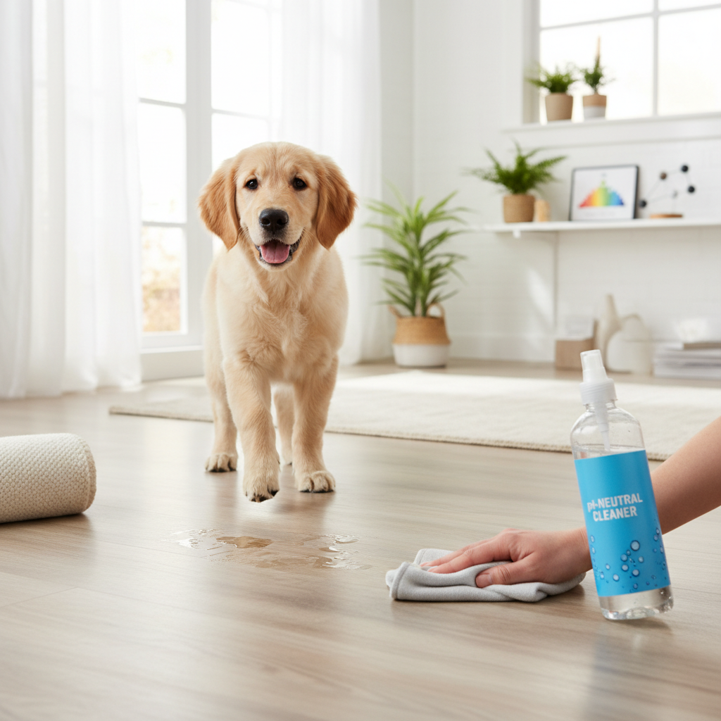 A clean kitchen floor with a dog's small spill, and a human hand cleaning it effortlessly with a microfiber cloth and pH-neutral cleaner, illustrating easy cleanup.