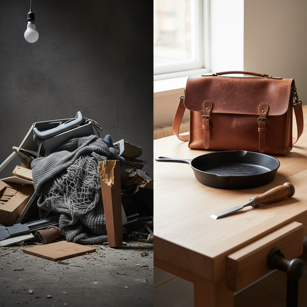 A dynamic split image. On the left, a cluttered, dimly lit scene with a pile of broken, discarded consumer goods: a snapped appliance handle, an unraveled fast-fashion sweater, a chipped piece of furniture, all appearing cheap and flimsy. On the right, a bright, clean scene showcasing a few beautifully designed, robust, and well-maintained items: a sturdy cast-iron pan, a classic full-grain leather bag with a rich patina, and a well-crafted wooden tool, exuding quality and longevity. Style: realistic photography with contrasting moods and colors, emphasizing the difference between planned obsolescence and durable design.