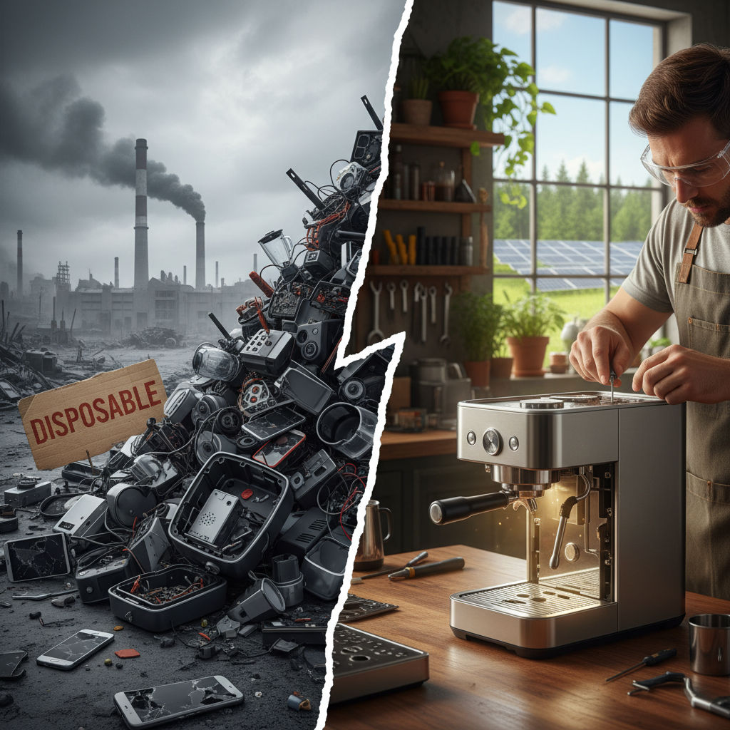 A powerful split image contrasting two manufacturing philosophies. On the left, a pile of broken, cheaply made consumer electronics and appliances, with visible cracks, exposed wires, and a 'disposable' label, surrounded by a desolate, grey industrial landscape. On the right, a single, elegantly designed, modular product (e.g., a high-end kitchen appliance or a durable tool) being meticulously repaired or upgraded by a skilled technician, glowing with a subtle aura of longevity and quality, set against a vibrant, green, sustainable backdrop.