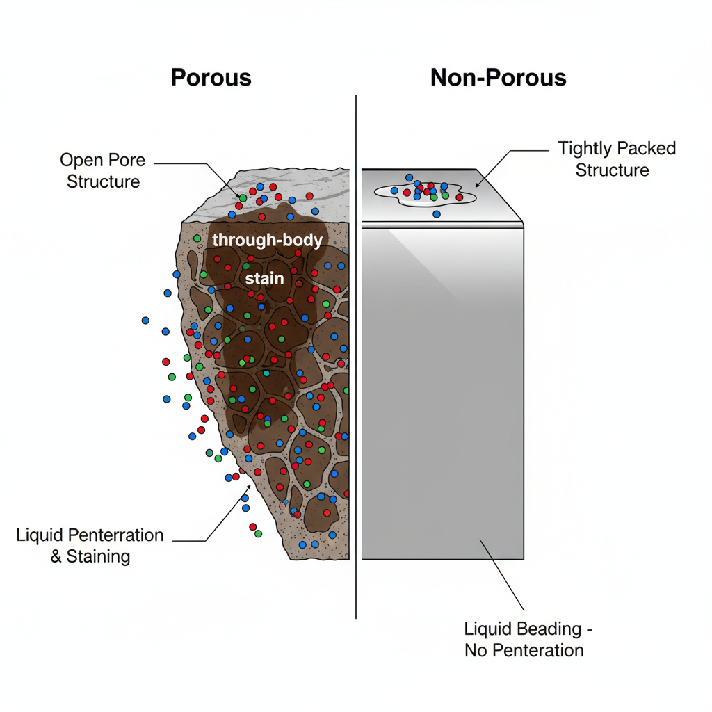 A detailed cross-section diagram illustrating the concept of porosity in flooring materials. The left side shows a highly porous material (e.g., natural stone or unsealed concrete) with an open, sponge-like internal structure, clearly depicting liquid molecules (represented by small, colored spheres) deeply penetrating and spreading throughout the material, causing a 'through-body' stain. The right side shows a dense, non-porous engineered material (e.g., adamantine coating or glazed porcelain) with a tightly packed, impenetrable molecular structure, where liquid molecules are shown only resting on the surface, unable to penetrate. Use clear labels for 'Porous' and 'Non-Porous'. Style: scientific illustration, clean lines, informative.
