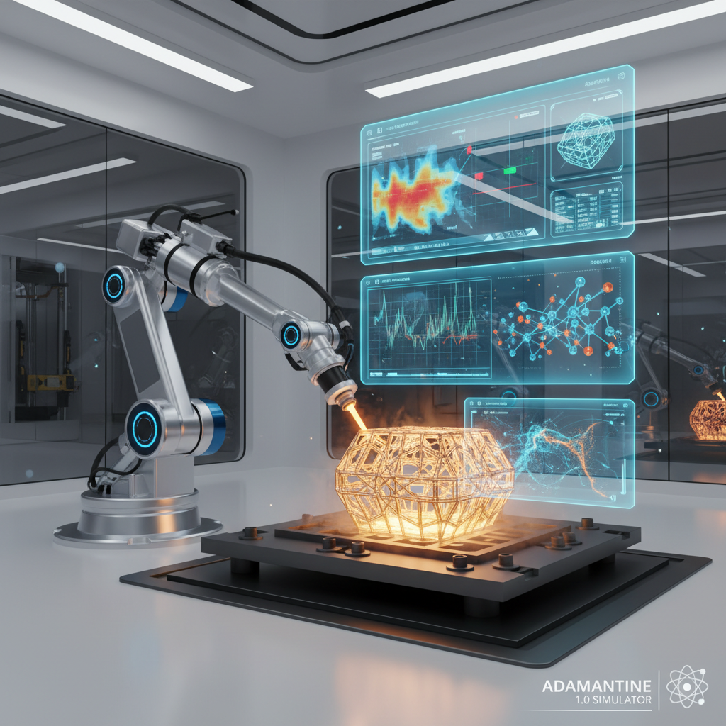 A futuristic 3D rendering of a robotic arm performing additive manufacturing, with holographic data streams and a software interface displaying thermomechanical simulations, illustrating the Adamantine 1.0 simulator's role in precision forging.