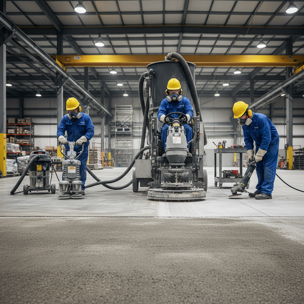 A dynamic, wide-angle shot of a professional industrial flooring crew performing meticulous surface preparation on a concrete slab in a large, well-lit warehouse. Focus on specialized equipment like a shot-blaster or large diamond grinder in action, with dust containment systems visible. Technicians in safety gear (hard hats, eye protection, respirators) are actively working, ensuring a precise Concrete Surface Profile (CSP). The foreground shows a section of raw concrete, while the mid-ground shows the freshly profiled, clean, and roughened surface ready for coating.
