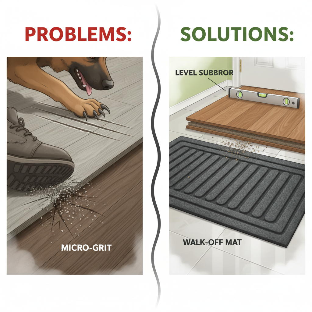 Illustration showing causes of floor wear like microscopic grit and dog claws, contrasted with solutions like walk-off mats and proper subfloor installation.