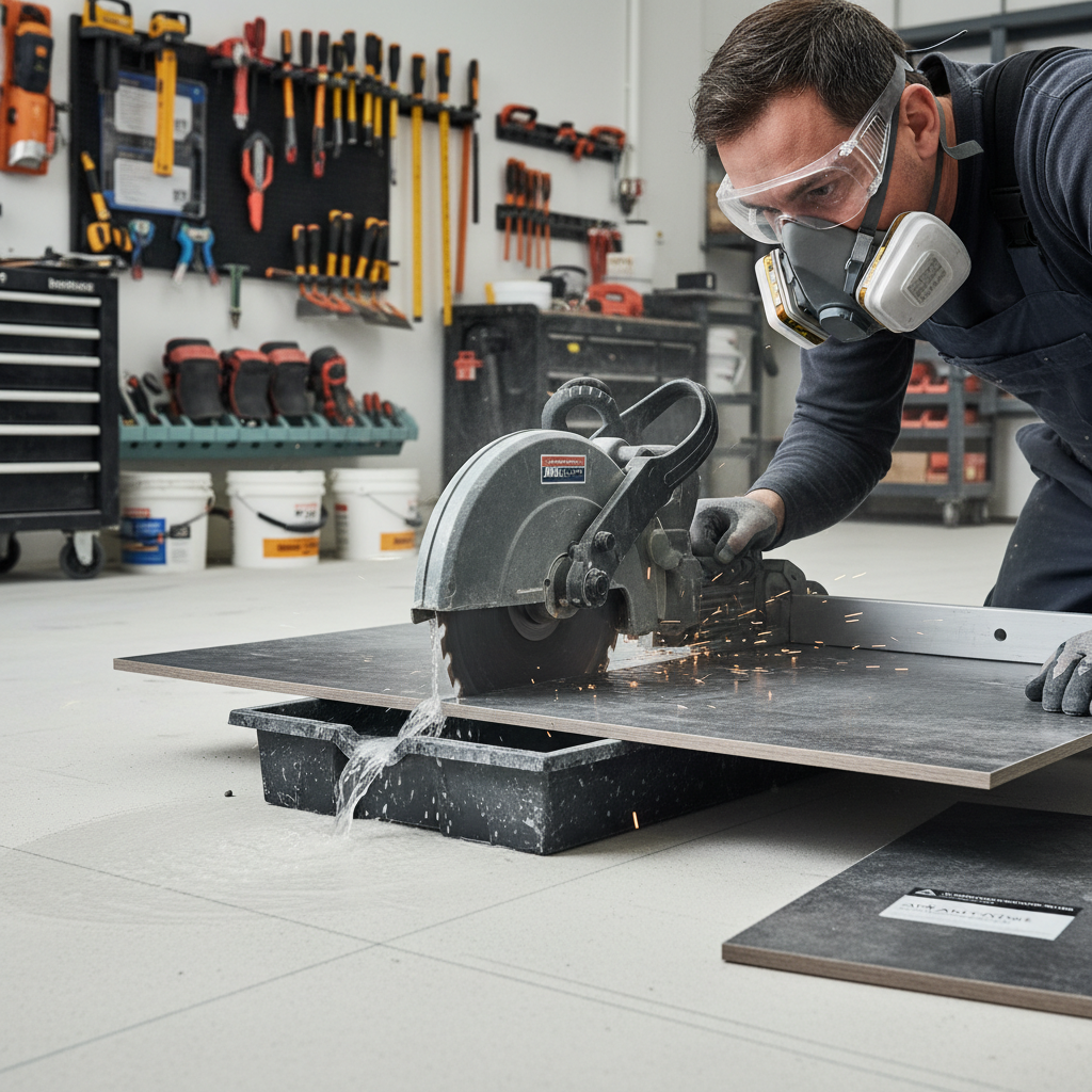 A professional flooring installer, wearing safety glasses and a respirator mask, meticulously cutting a large, ultra-hard 'adamantine' tile using a specialized water-cooled diamond-tipped saw. The subfloor beneath is perfectly leveled, and specialized tools are neatly arranged in the background. Style: realistic, focused, industrial, emphasizing precision and safety.