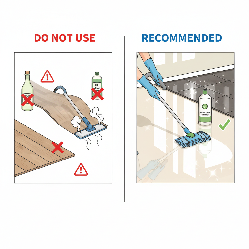 A split-panel illustration showing improper floor maintenance with vinegar, steam mops, and oil soaps on one side, and proper maintenance with pH-neutral cleaner and microfiber mop on the other.