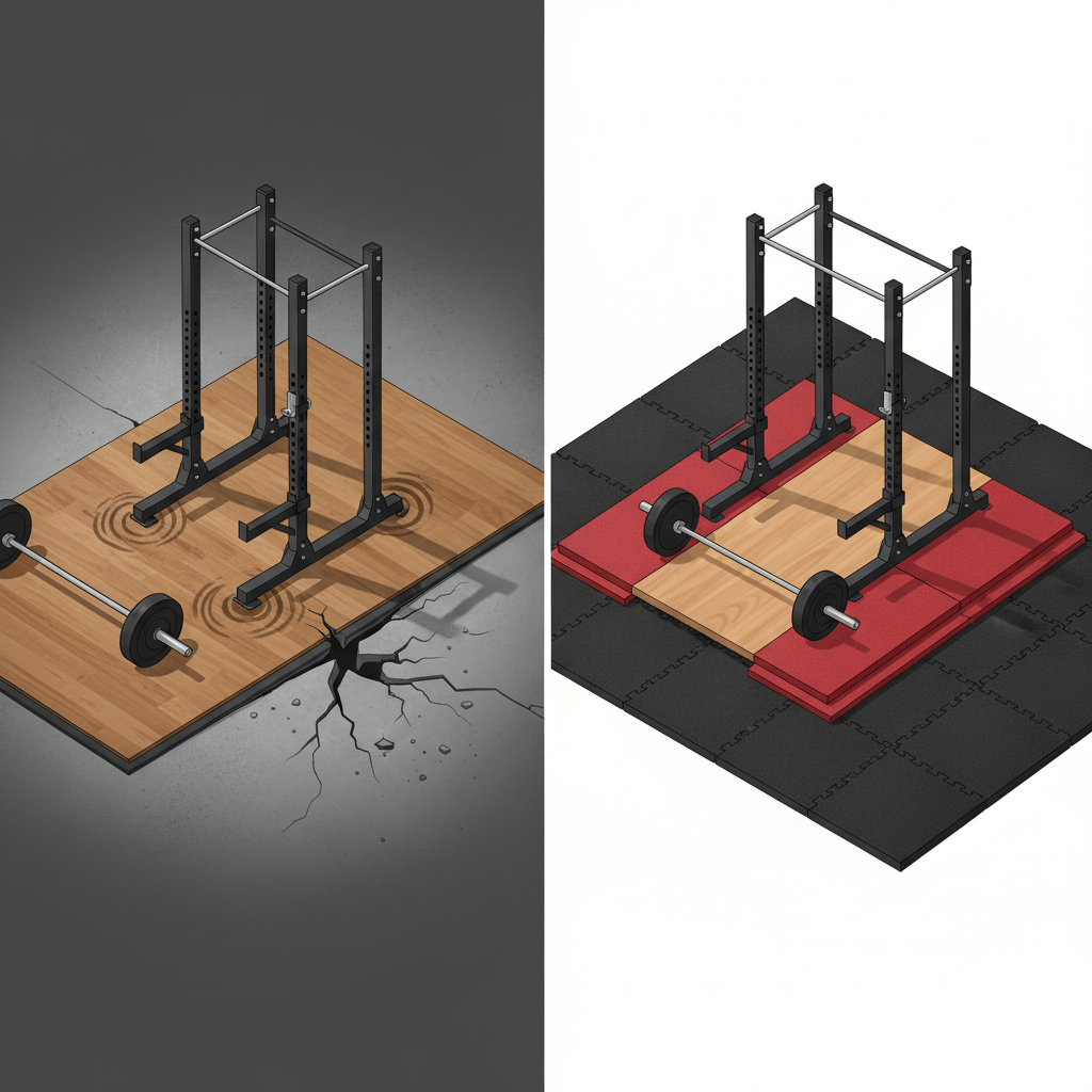 A split-panel, realistic illustration contrasting two home gym floor scenarios. The left panel shows a damaged scene: a heavy power rack with visible indentations on a hardwood floor, and a cracked concrete slab where a barbell has been dropped, emphasizing structural fatigue. The right panel shows a protected scene: a robust, multi-layered gym floor with thick rubber mats and a stable lifting platform, supporting heavy equipment without damage, conveying durability and safety.
