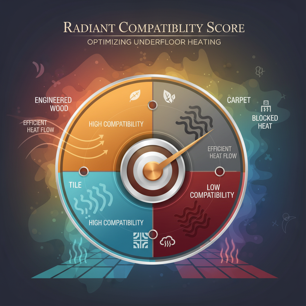 A sophisticated infographic illustrating a 'Radiant Compatibility Score' for different flooring types over radiant heat.