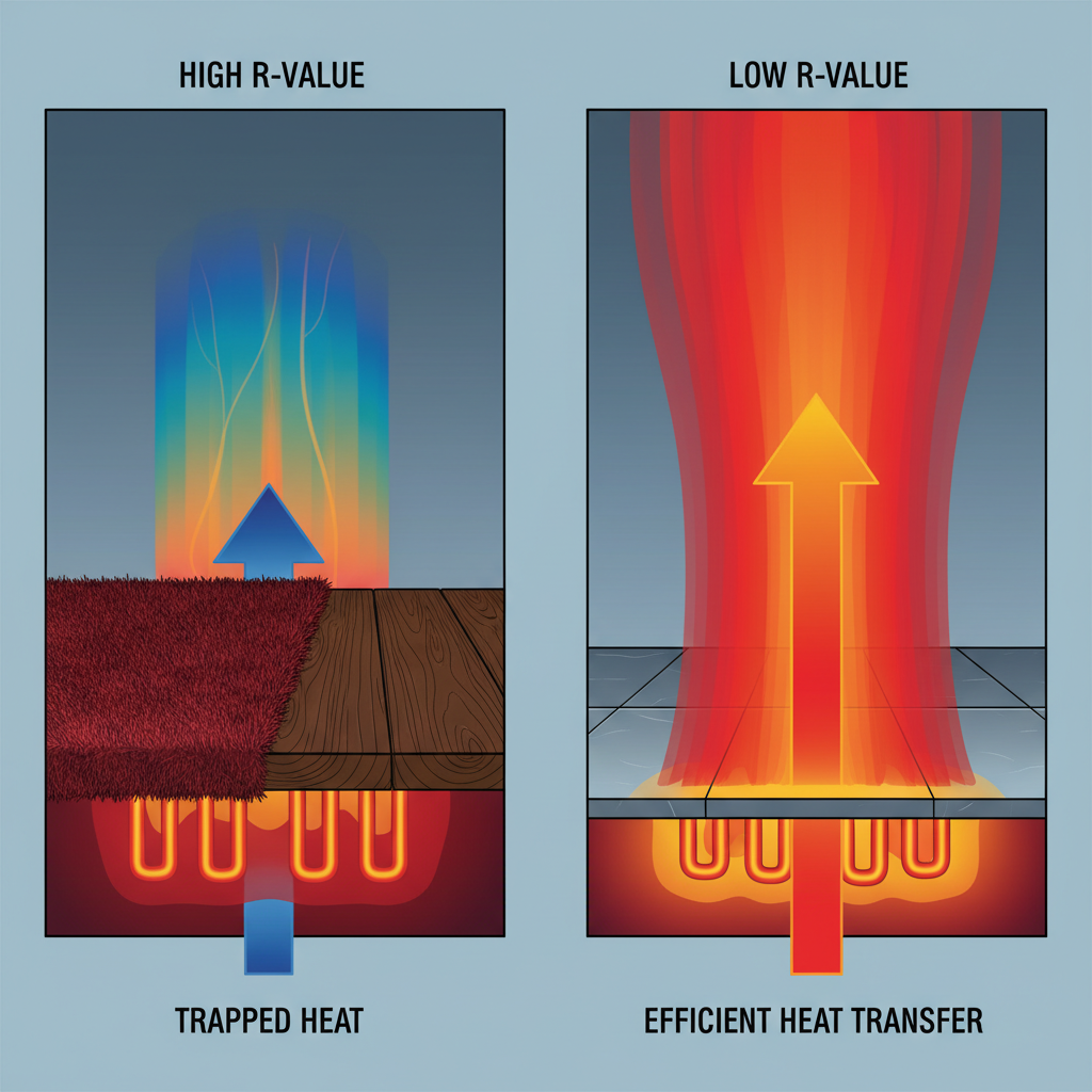 A split-screen illustration showing inefficient heat transfer with high R-value flooring (heat trapped) versus efficient heat transfer with low R-value flooring (heat radiating upwards) over a radiant heating system, using a thermal imaging aesthetic.