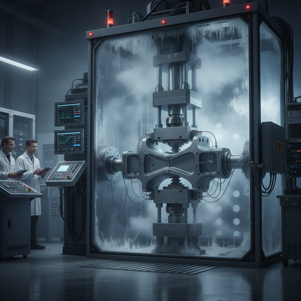 A high-tech industrial testing laboratory scene. In the center, a robust industrial component (e.g., a heavy-duty gear, a structural bracket, or a connector) is undergoing a rigorous stress test. This could be a drop test rig, a fatigue testing machine applying repetitive force, or an environmental chamber simulating extreme temperatures and humidity. The equipment should look advanced and precise, with digital readouts and sensors. The focus is on the product's resilience under extreme conditions. Style: photorealistic, industrial, highly detailed, emphasizing scientific rigor and durability.