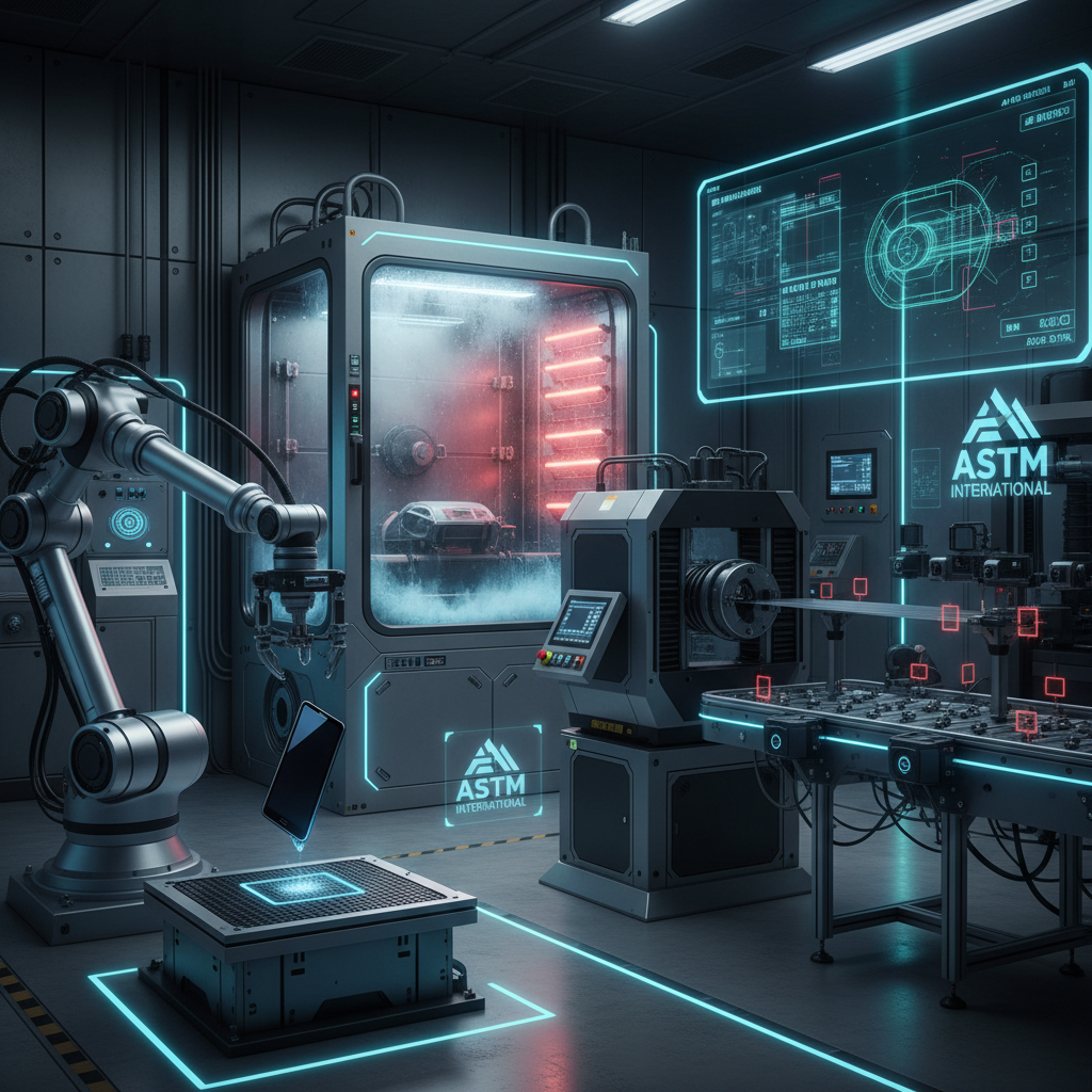 A sophisticated, high-tech quality assurance (QA) lab environment. In the foreground, a robotic arm is performing a precise drop test on a product, while a tensile strength machine is pulling a material sample to its breaking point. In the background, an environmental chamber simulates extreme conditions (heat, cold, humidity). An AI-powered computer vision system is actively monitoring an assembly line, highlighting potential defects in real-time on a large screen. Subtle visual cues of ISO and ASTM certification logos are integrated. Style: photorealistic, industrial, precise, with glowing digital interfaces and a focus on advanced technology.