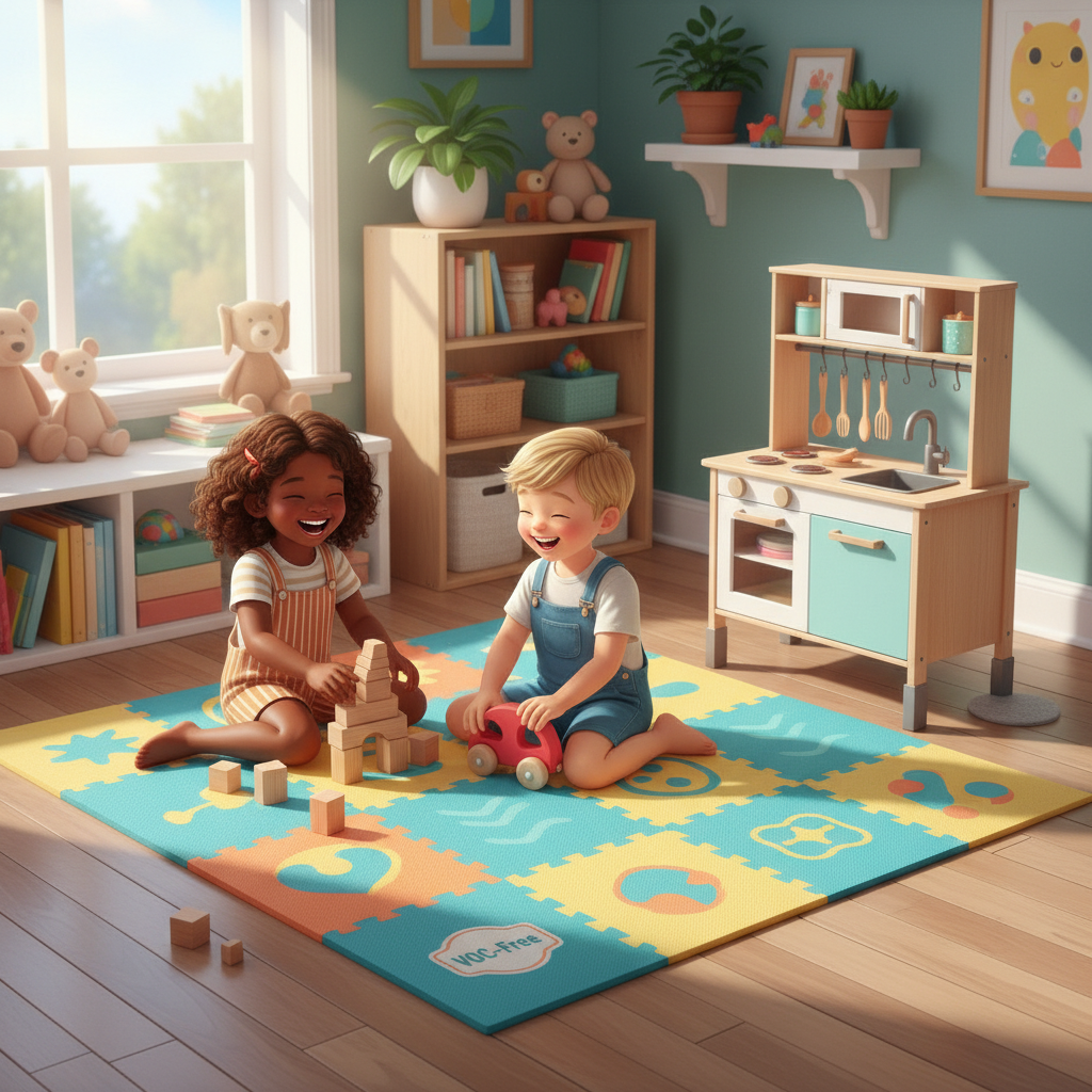 A vibrant, clean, and inviting playroom scene. Two children are happily playing on a soft, colorful EVA foam mat. Various toys, including wooden blocks, a rolling car, and a miniature play kitchen, are neatly arranged. The floor visible beneath the mat and furniture is pristine and undamaged. Subtle details include a 'VOC-Free' label on the mat and a non-toxic furniture felt pad clearly visible under one leg of the play kitchen. The overall mood is safe, cheerful, and emphasizes both durability and chemical safety. Style: warm, inviting, slightly stylized illustration, with a focus on cleanliness and child safety.