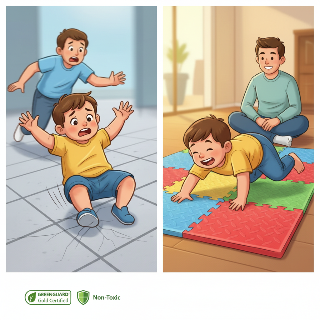Split illustration showing a toddler falling on a hard tiled floor (danger) versus safely falling on a soft, non-toxic, certified play mat (safety).