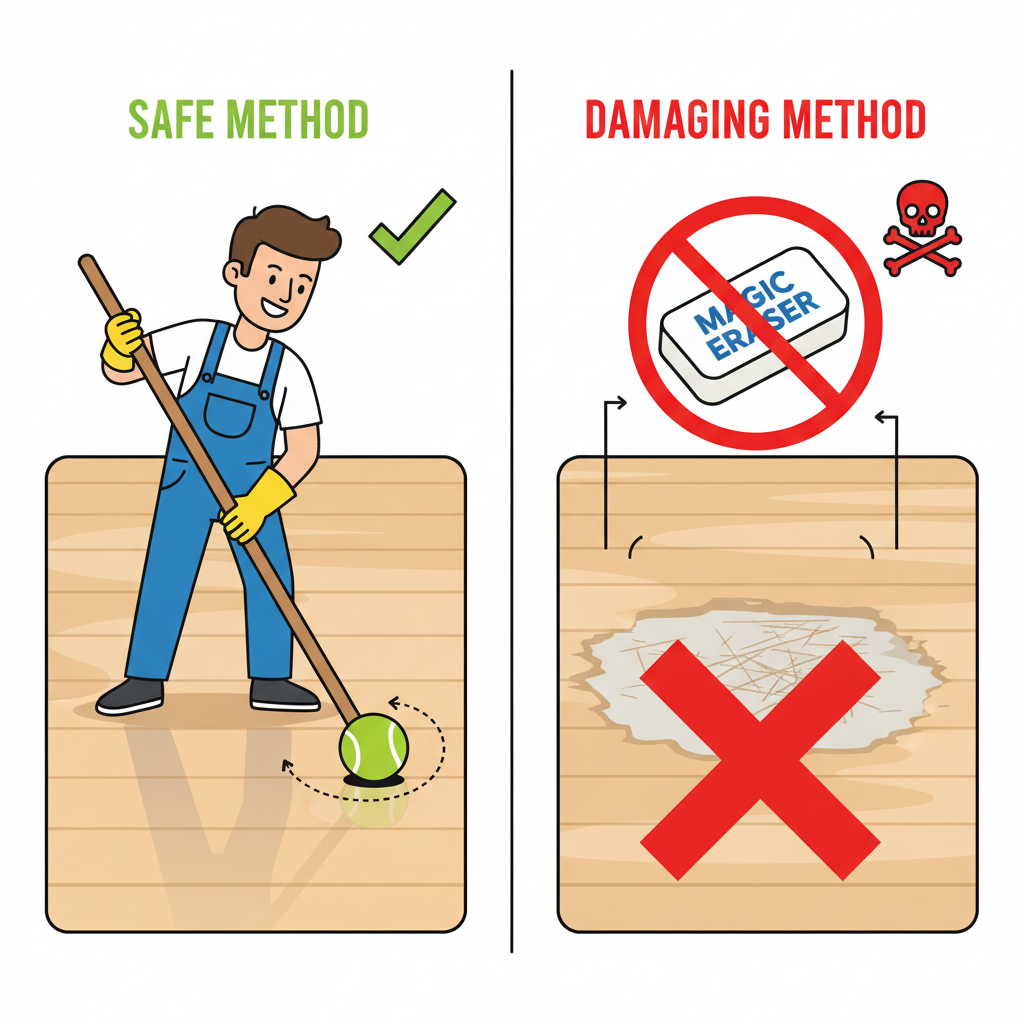 An illustration showing a safe method of removing scuffs with a tennis ball on one side, and a damaged floor patch with a 'Magic Eraser' crossed out on the other, warning against abrasive cleaners.