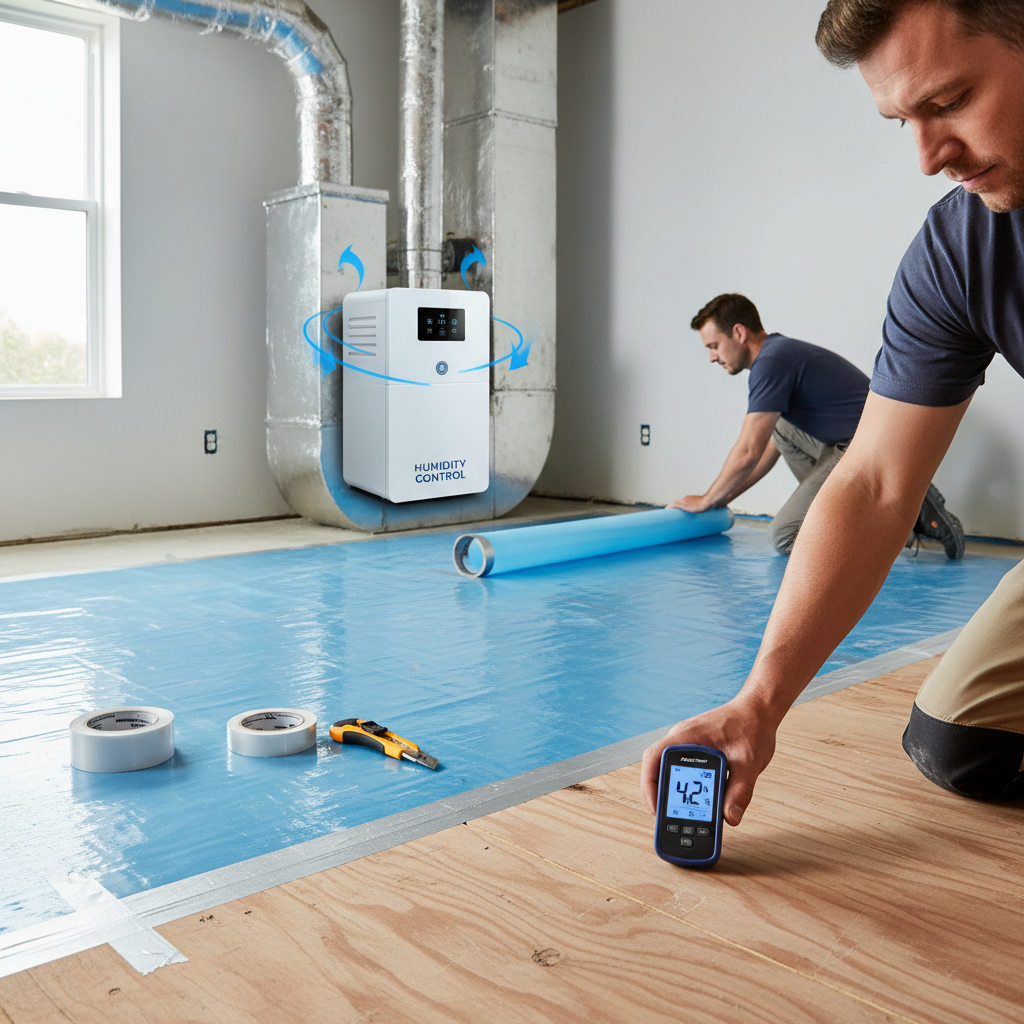 An illustration of scientific floor installation showing a professional using a moisture meter, a vapor barrier being installed over concrete, and a whole-home humidity control system.