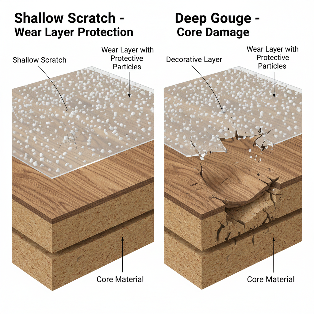 A split-screen, illustrative comparison of floor damage. Left side: A close-up of a floor surface with a shallow, fine scratch on the transparent top wear layer, with microscopic, embedded ceramic beads or aluminum oxide particles visible within the wear layer, protecting the decorative layer beneath. Right side: A close-up of the same type of floor with a deep, visible dent or gouge that has compressed and damaged the core material beneath the wear layer.