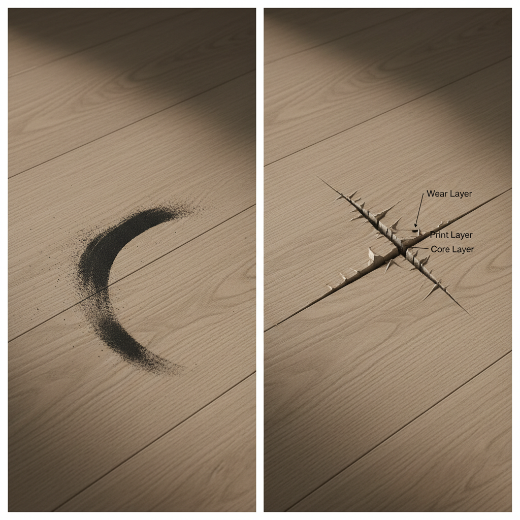 Side-by-side illustration comparing a superficial rubber scuff mark on a floor surface with a deep abrasion that penetrates and removes material from the wear layer.