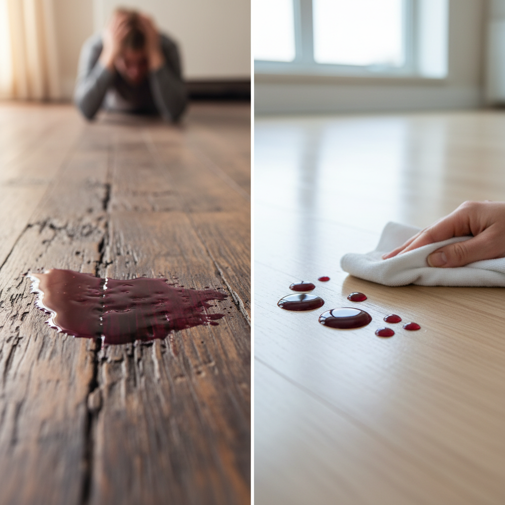 A split image comparing a red wine spill soaking into a stained natural hardwood floor (left) with a red wine spill beading on a pristine engineered wood floor (right), highlighting ease of cleaning.