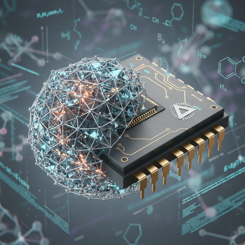 A close-up, highly detailed 3D render of a synthetic diamond lattice structure, intricately glowing with internal energy, seamlessly transitioning into a sleek, futuristic product component (e.g., a microchip or a structural joint). The background is a subtle, abstract representation of molecular bonds and advanced material science research, with faint holographic data streams.