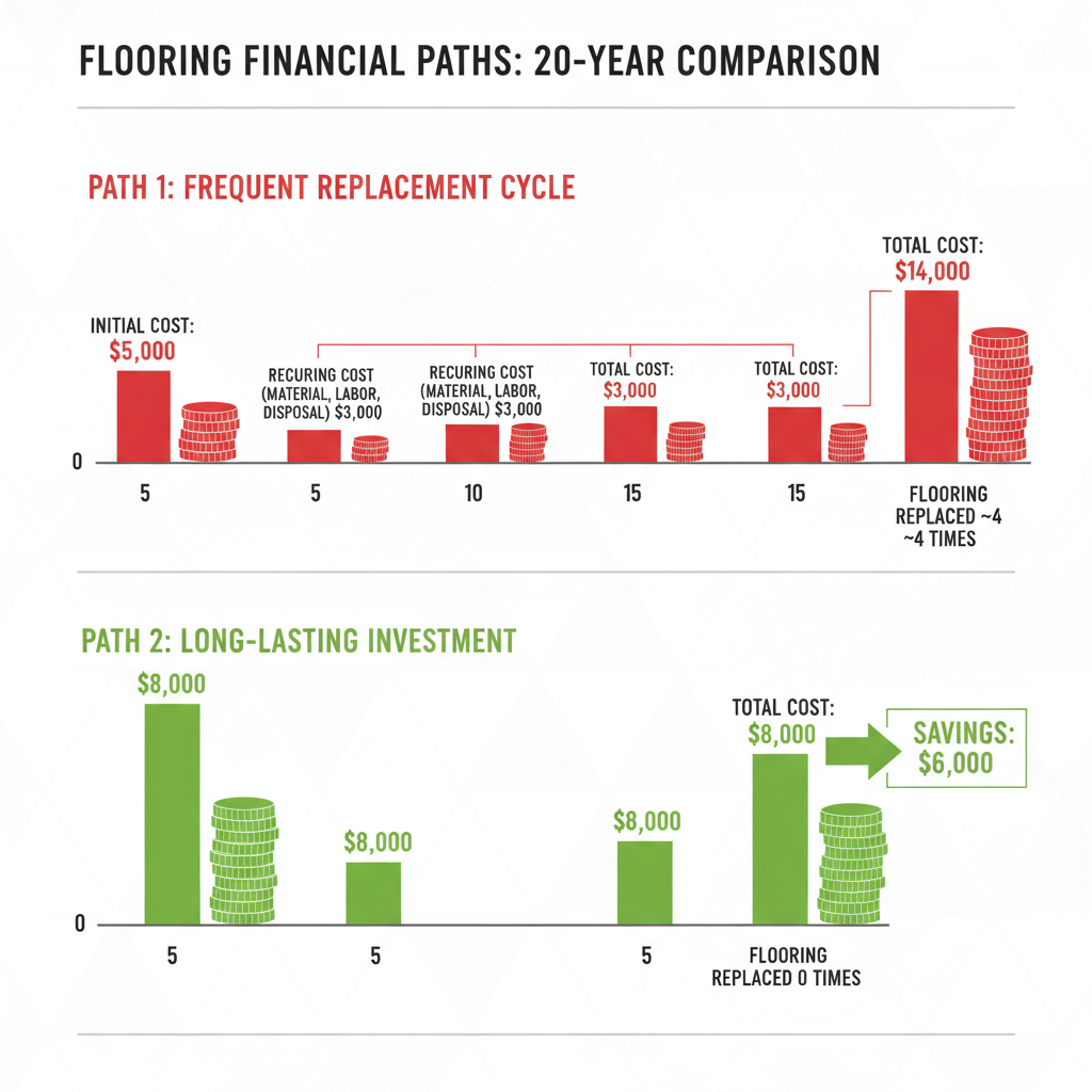 The 20-Year Total Cost of Ownership Comparison for Flooring An infographic comparing the 20-year total cost of ownership for frequent floor replacement versus a long-lasting flooring investment, showing higher overall costs for the former.
