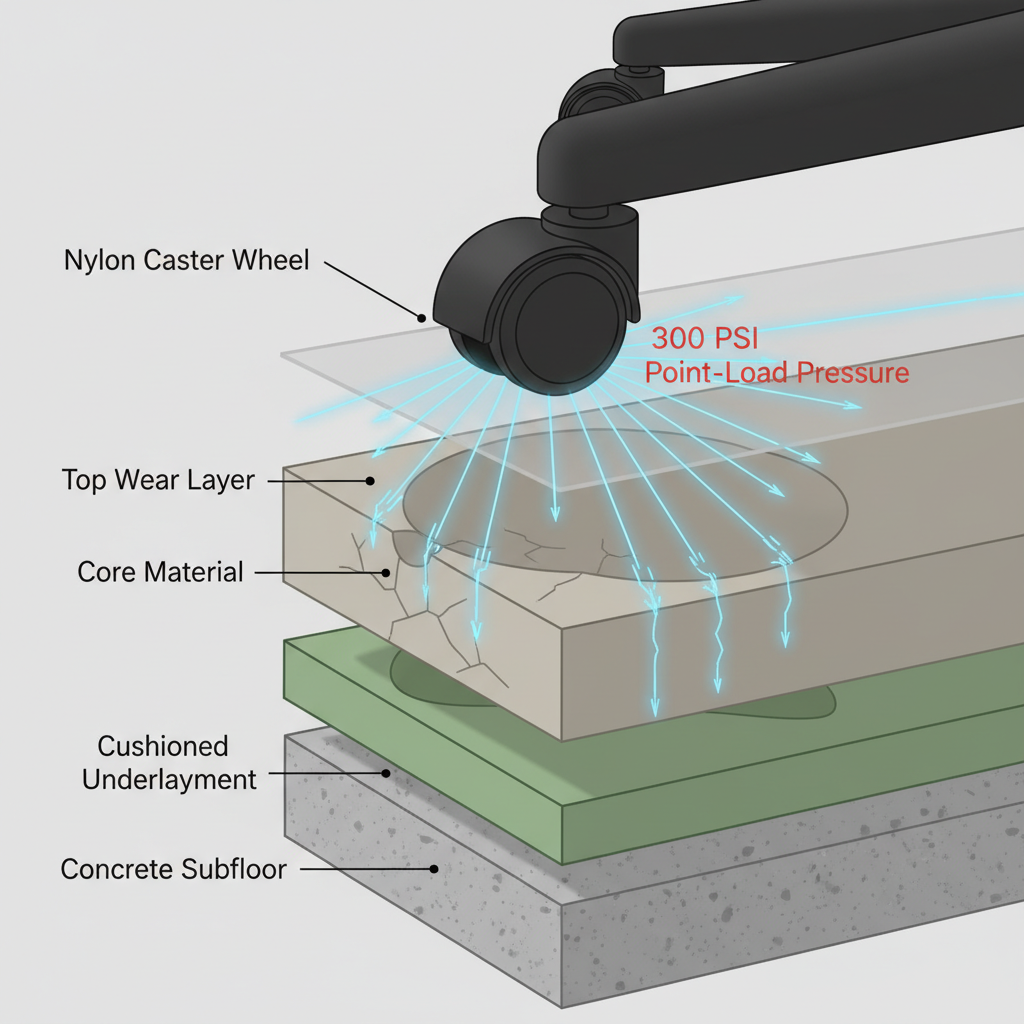 A detailed cross-section diagram of a commercial office floor. Show a hard plastic (nylon) caster wheel from an office chair pressing down onto the top wear layer. Illustrate pressure lines radiating from the wheel's contact point, penetrating through the wear layer and causing indentations or micro-fractures in the core material below. Include a small text overlay or graphic indicating '300 PSI Point-Load Pressure'.