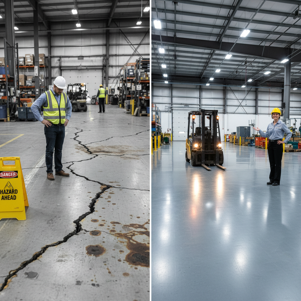 A dynamic, split-panel image contrasting industrial flooring. Left panel: a severely cracked, peeling, and stained concrete floor in a busy warehouse, with a 'Danger: Hazard' sign prominently displayed and a frustrated facility manager looking at it. Right panel: a seamless, gleaming, ultra-durable grey adamantine floor with a smooth, reflective surface, a forklift operating effortlessly, and a confident facility manager smiling. The right side should convey strength, cleanliness, and efficiency.