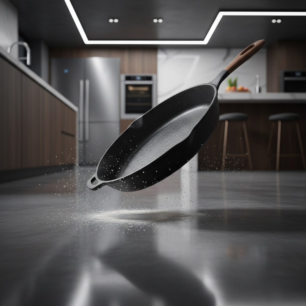 A dramatic, close-up shot in a modern kitchen. A heavy cast iron skillet is mid-air, having just bounced off a sleek, dark grey 'adamantine' floor, leaving absolutely no mark or damage. The floor surface reflects the kitchen lights, emphasizing its pristine, indestructible quality. Style: photorealistic, high-contrast, dynamic action shot, emphasizing durability.