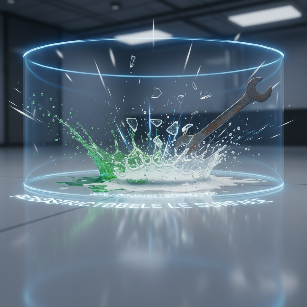 A dynamic, conceptual illustration depicting a pristine, high-performance floor surface glowing with an invisible, protective shield. Various threats like splashing corrosive chemicals (acid, bleach), heavy falling objects (a dropped wrench), and sharp impacts are shown deflecting or bouncing off this shield, leaving the floor untouched. The style should be modern, clean, and slightly futuristic, emphasizing durability and resilience. Use a perspective that highlights the floor's surface and the protective barrier.