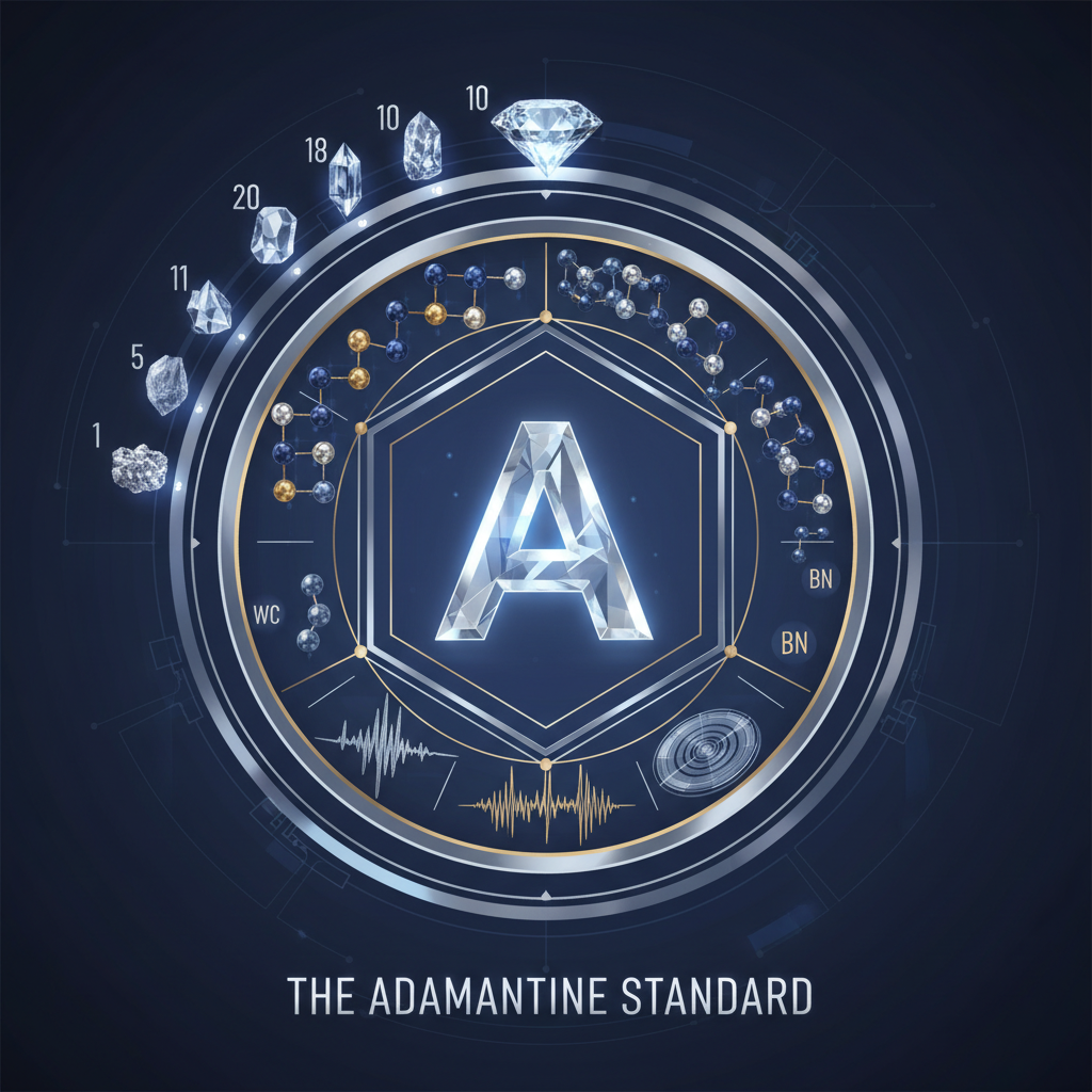 The Adamantine Standard: Material Science A stylized scientific illustration representing 'The Adamantine Standard' with a glowing 'A' symbol, Mohs hardness scale, molecular structures, and abstract representations of material testing.