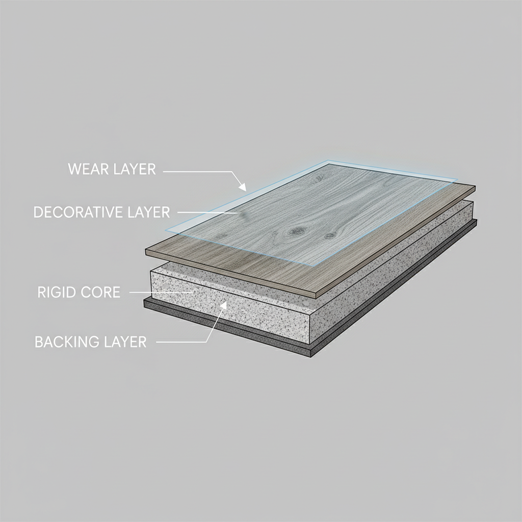 A detailed cross-section diagram of a multi-layer flooring plank. Clearly label each layer: a thin, transparent 'Wear Layer' on top, followed by a 'Decorative Layer' (showing a realistic wood grain or stone pattern), then a thick 'Rigid Core' (depicting internal composite structure, either SPC or WPC), and finally a 'Backing Layer' at the bottom. The diagram should have a clean, technical, illustrative style, with subtle glow effects on the wear layer to emphasize its protective quality, set against a neutral background.