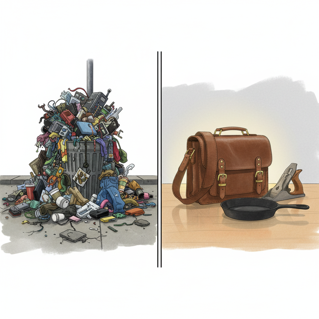 A split-panel illustration contrasting two scenes. On the left, a chaotic pile of broken, discarded consumer electronics, plastic gadgets, and fast fashion items spilling out of a overflowing trash can, symbolizing the 'disposable culture.' On the right, a single, elegantly designed, timeless product (e.g., a high-quality leather bag, a cast-iron skillet, or a well-crafted tool) resting on a clean, minimalist surface, emanating a subtle glow of durability and longevity. The style should be modern, clean, and slightly illustrative, emphasizing the contrast between waste and enduring value.