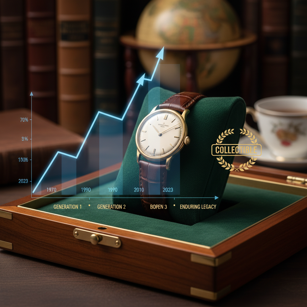 A sophisticated image showcasing an 'investment piece' that embodies the 'Buy It For Life' philosophy and appreciates over time. The central focus is a classic, meticulously maintained item, such as a vintage mechanical watch, a high-quality full-grain leather briefcase, or a beautifully aged cast-iron skillet, displayed elegantly. Around it, subtle graphical elements like a rising stock chart, a timeline indicating decades of use, or a 'collectible' stamp suggest its increasing value and enduring legacy. The mood should be one of timeless elegance and smart investment. Style: refined photorealism with subtle infographic elements.