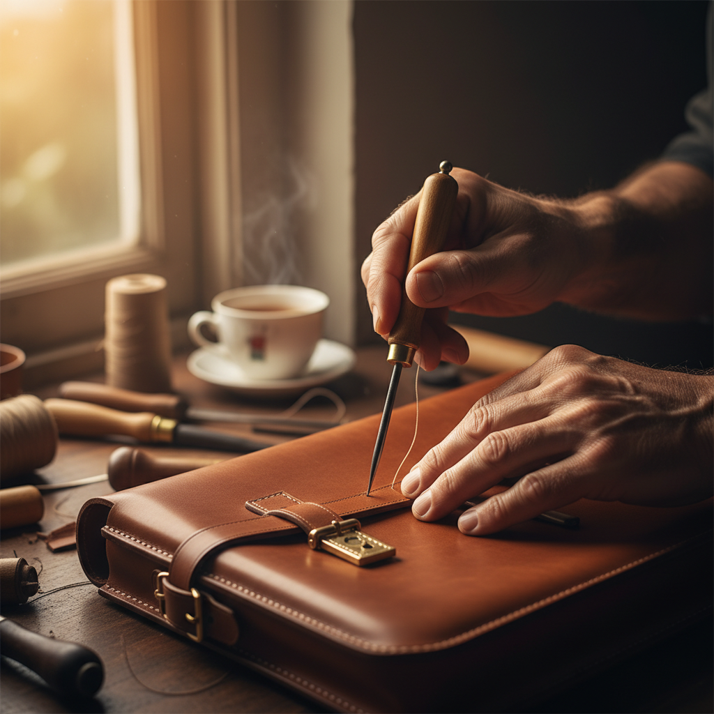 Close-up of skilled hands meticulously stitching fine leather with traditional tools, showcasing premium craftsmanship and attention to detail.