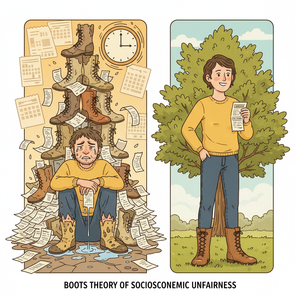 An illustrative depiction of the 'Boots Theory of Socioeconomic Unfairness'. On the left, a person with a frustrated expression, wearing worn-out, cheap, wet boots, surrounded by a stack of receipts for multiple boot purchases over time. On the right, a confident person wearing a single pair of well-maintained, high-quality, sturdy boots, looking satisfied, with a single receipt for a higher initial purchase. The background subtly suggests the passage of time over several years. Style: narrative, slightly whimsical illustration with clear visual storytelling, warm color palette.